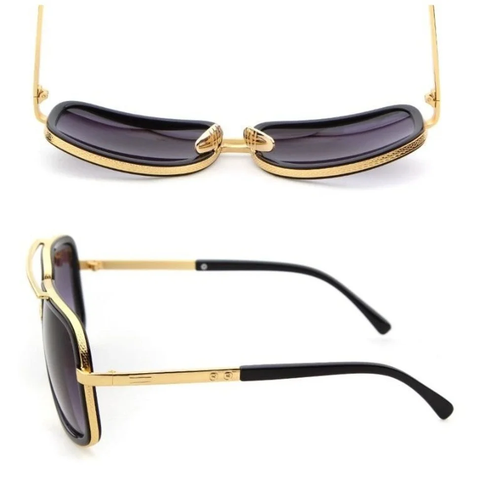 Mens Square Aviator Sunglasses Gold Black Frame Gradient Lens Fashion‎ Shades
